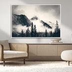 Forest Mountain Print | Black and White Canvas Wall Art with Misty Forest Design
