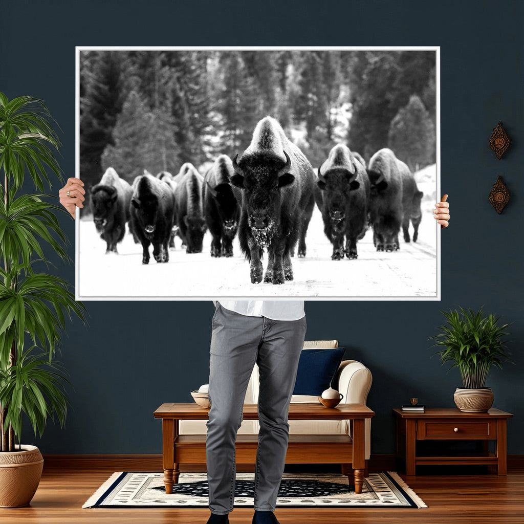 Bison Herd in Snow Wall Art Canvas Print | Rustic Western Bison Wall Art for Living Room and Farmhouse Decor
