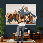 Rustic Abstract Wood Panel Effect Canvas | Mountain Range Top Wood Wall Art Canvas Print