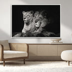 Lion Couple Wall Art Canvas Print, Elegant Black and White Wildlife Portrait