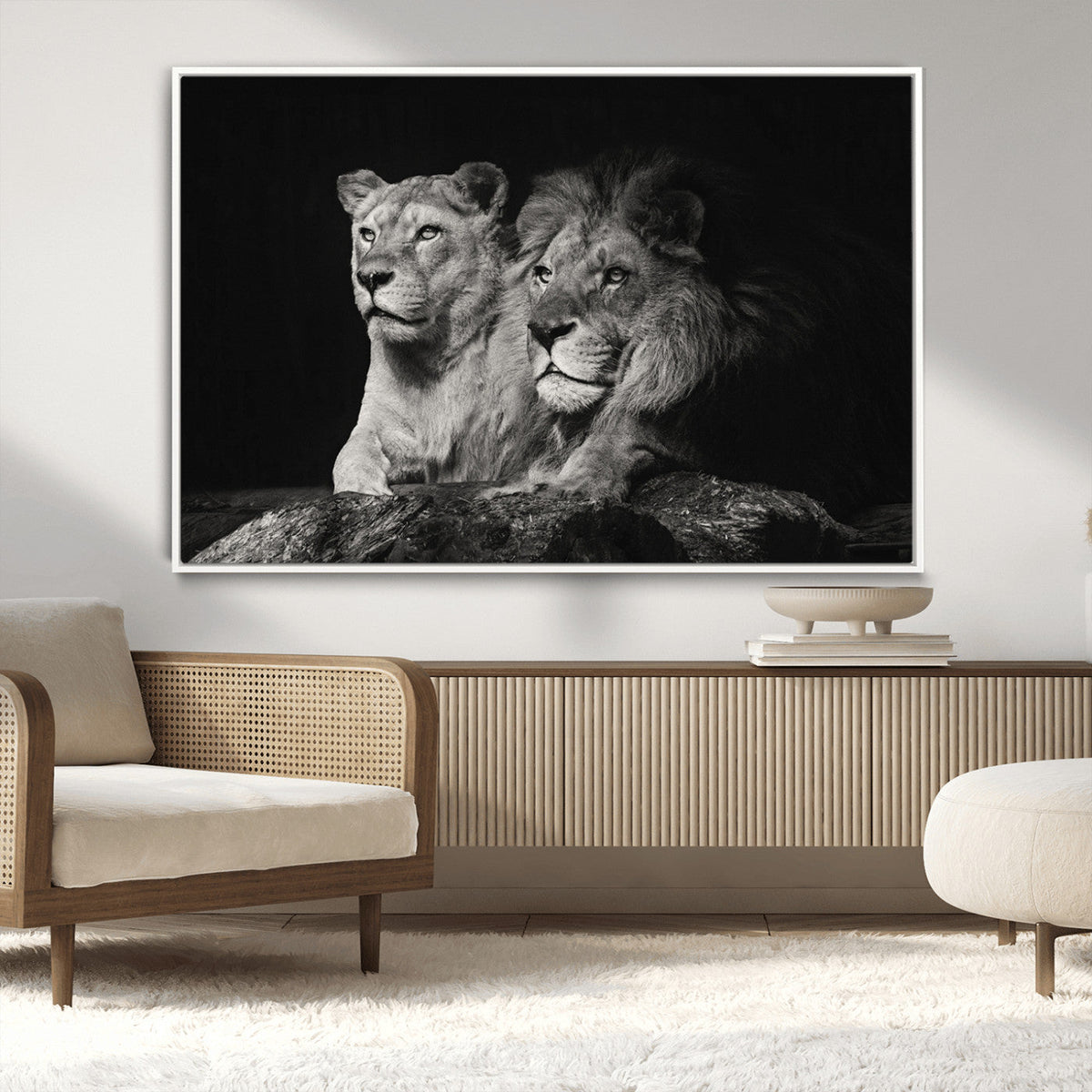 Lion Couple Wall Art Canvas Print, Elegant Black and White Wildlife Portrait