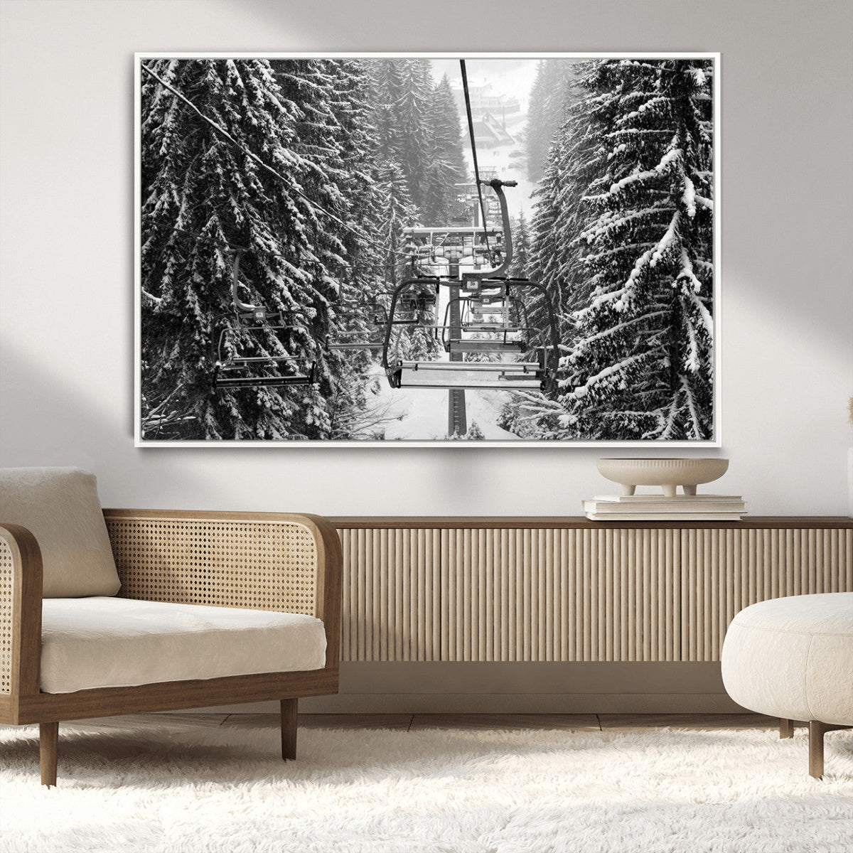 Winter Ski Lift Black and White Canvas Wall Art | Alpine Escape in Minimalist Style