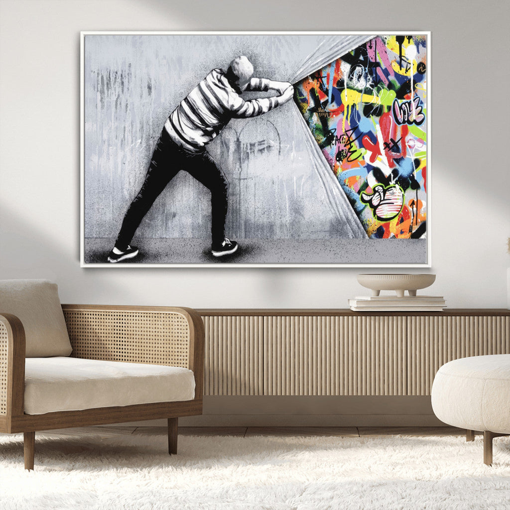 Banksy Art Behind the Curtain Street Wall Art Canvas Print | Urban Graffiti Style Wall Decor