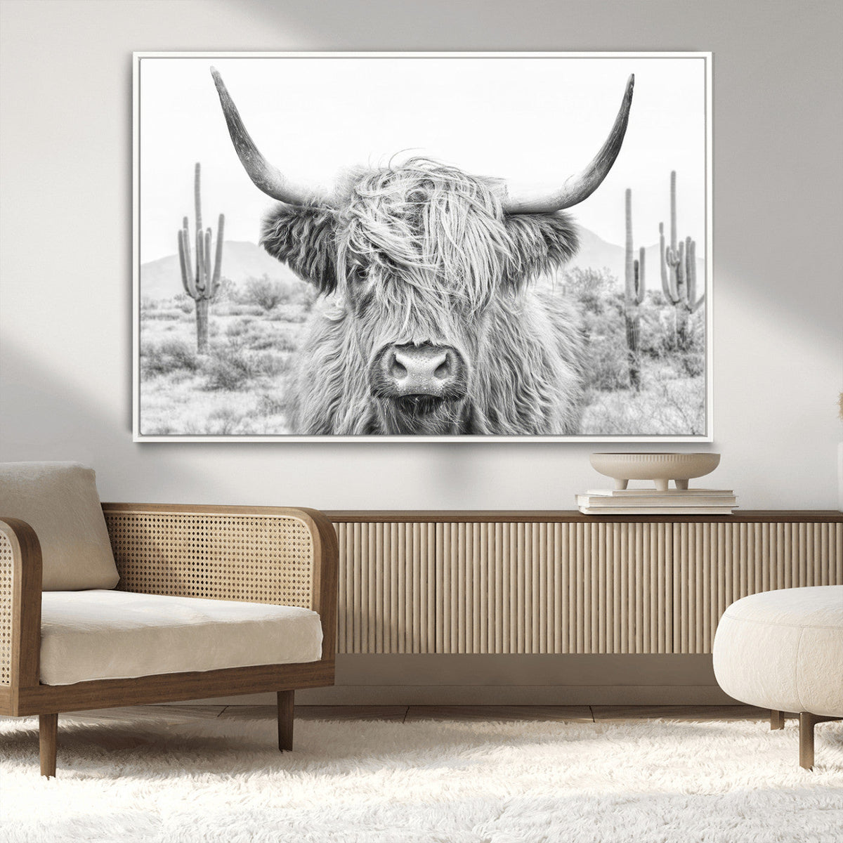 Rustic Charm, Cow Longhorn Black White Bighorn Wall Art