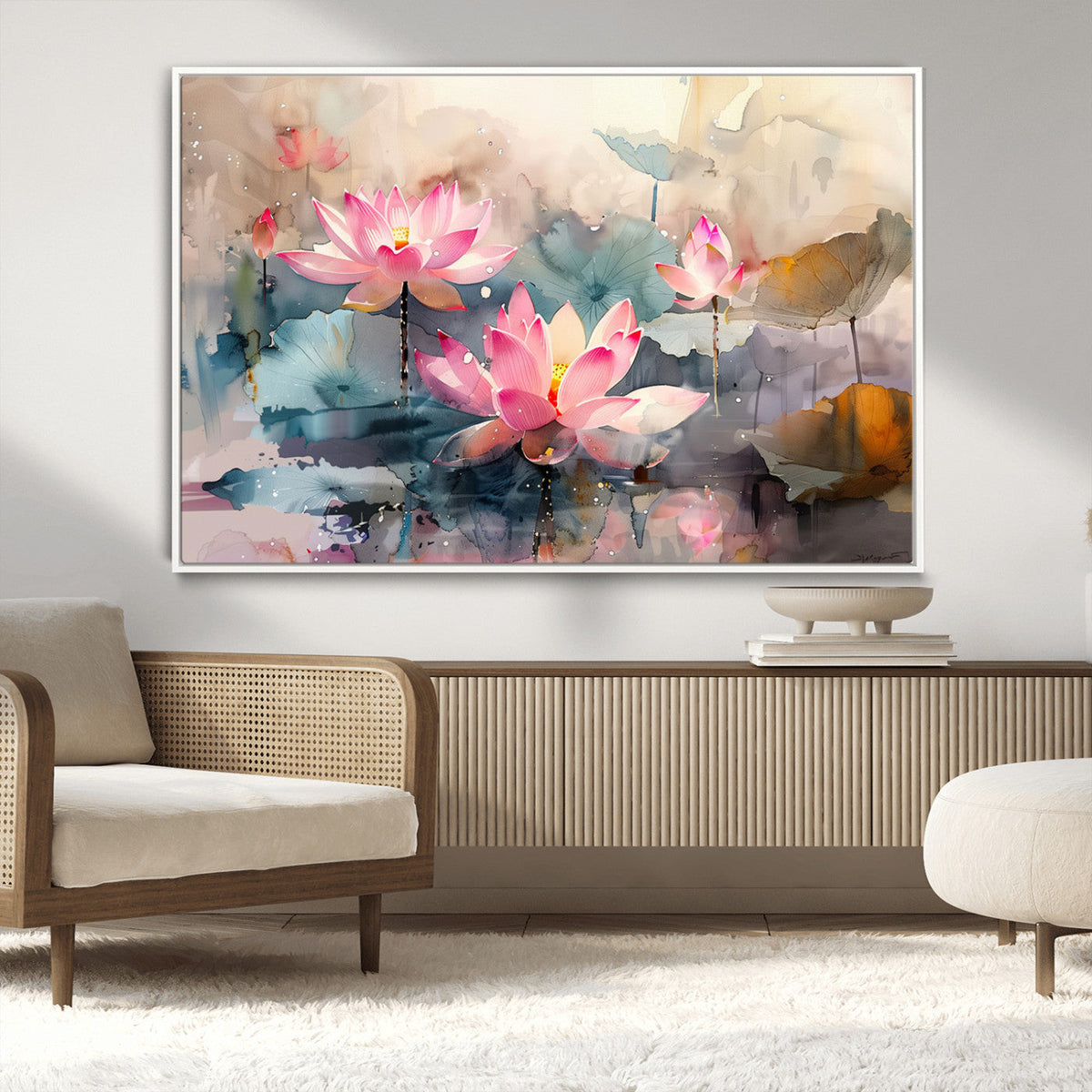 Lotus Flower Wall Art | 3 Panel Giclee Canvas Print of Pink Lotus Blossoms