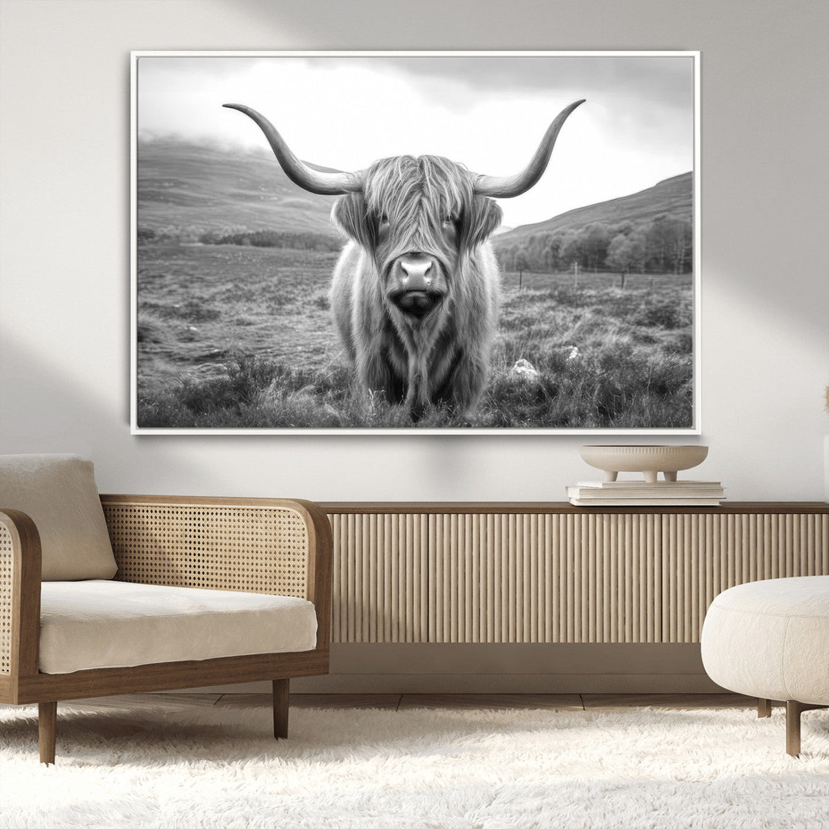 Black White Scottish Highland Cow Canvas Farm Wall Art