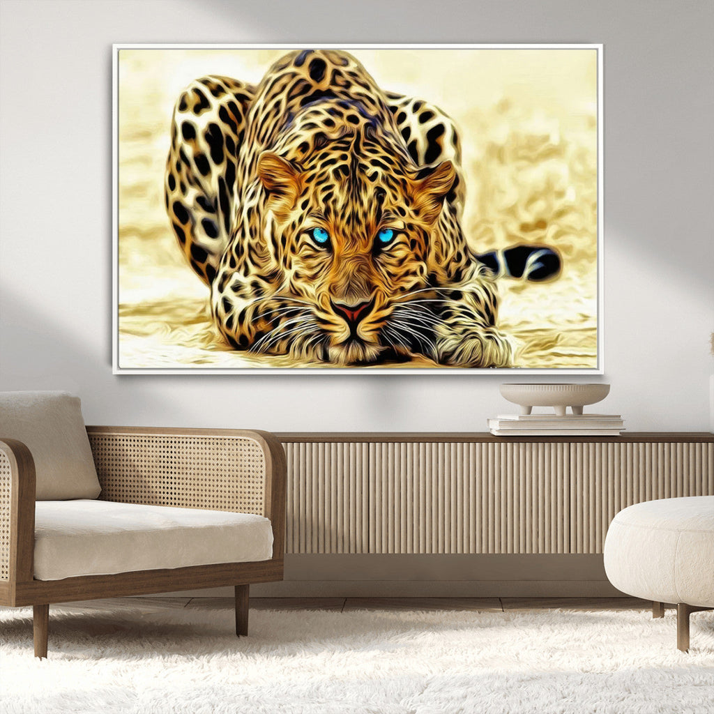Blue-Eyed Leopard Canvas Wall Art, Framed Animal Print, Fierce and Bold Decor for Living Rooms