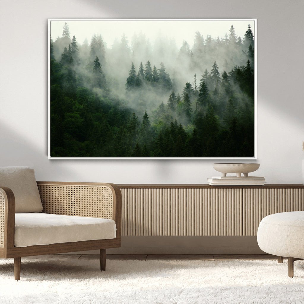 Misty Forest Wall Art | Tranquil Green Woodland Canvas Print