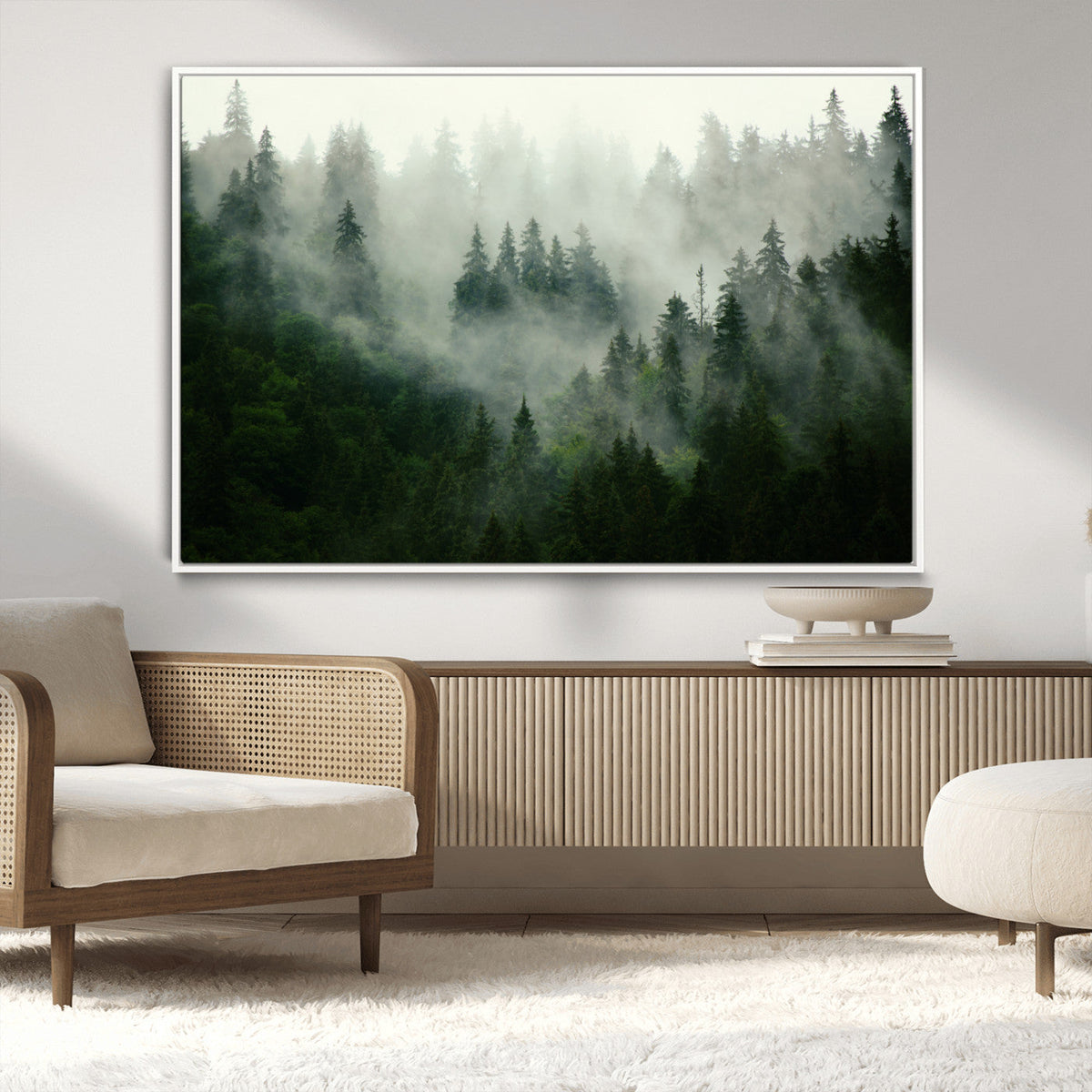 Misty Forest Wall Art | Tranquil Green Woodland Canvas Print