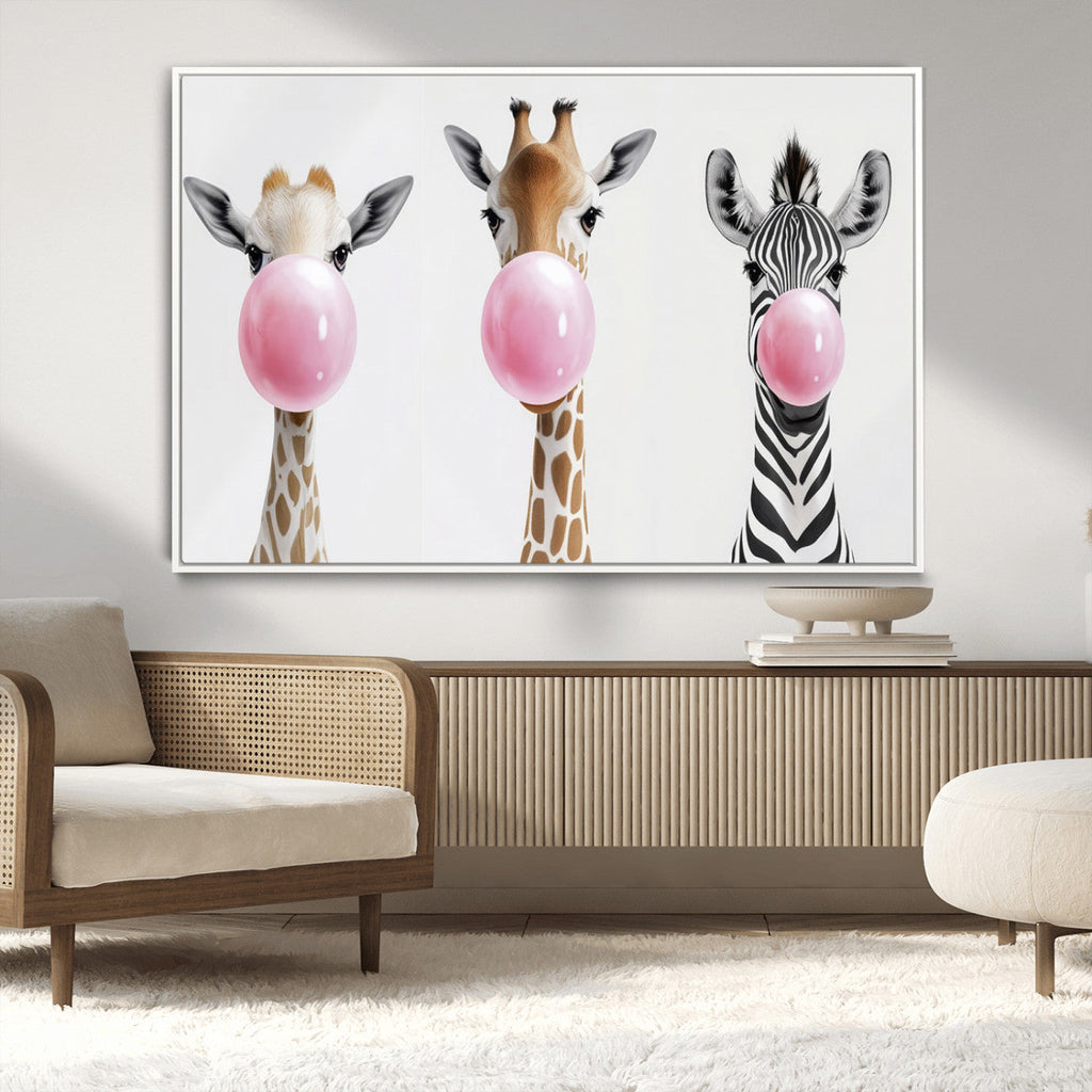 Bubblegum Animals Canvas Wall Art, Playful Giraffe and Zebra Trio, Whimsical Nursery and Kids Room Decor