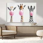 Bubblegum Animals Canvas Wall Art, Playful Giraffe and Zebra Trio, Whimsical Nursery and Kids Room Decor
