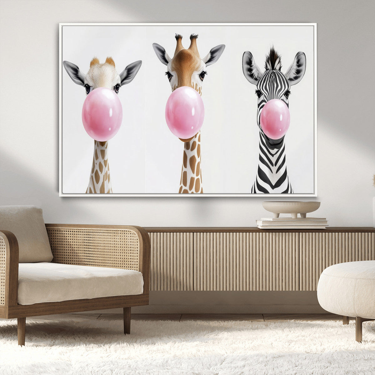 Bubblegum Animals Canvas Wall Art, Playful Giraffe and Zebra Trio, Whimsical Nursery and Kids Room Decor