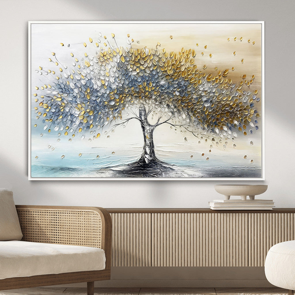 Golden and Silver Tree Wall Art | Framed Elegant Leaves Canvas