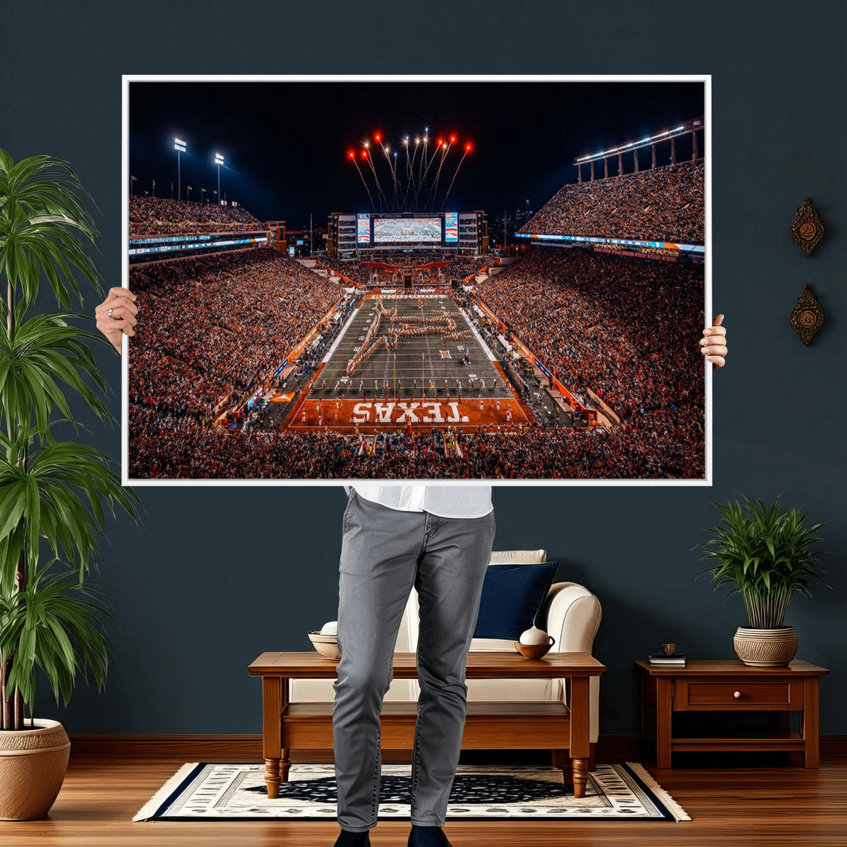 Texas Stadium Night Game Wall Art Canvas Print, Vibrant Football Fireworks Scene