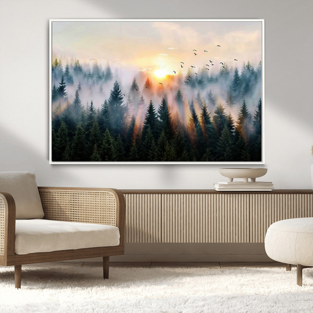Abstract Forest Wall Art, Serene Nature Canvas Print with Misty Forest Design for Modern Home Decor