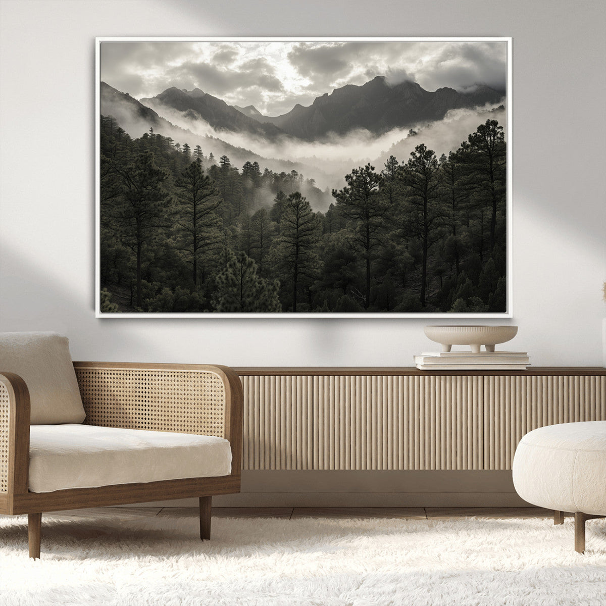 Moody Forest Wall Art | Framed Mountain Fog Canvas Artwork
