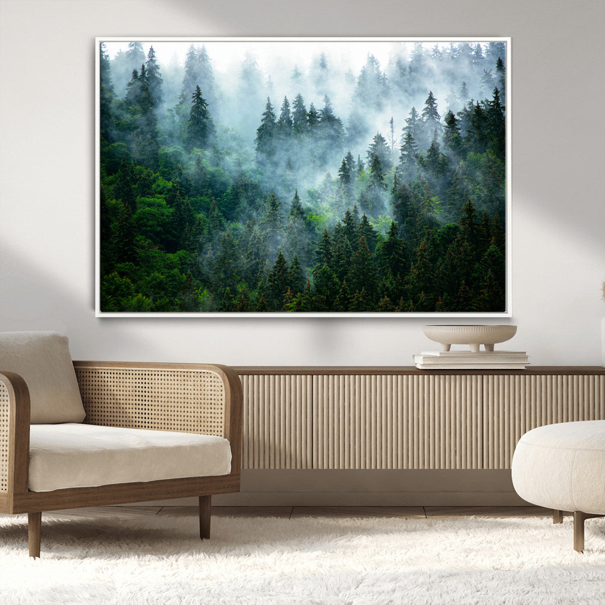 Misty Forest Wall Art Canvas Print, Framed Foggy Mountain Art, Large Scenic Woodland Canvas
