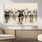 Texas Longhorn Wall Art | Framed Cattle Walking Canvas