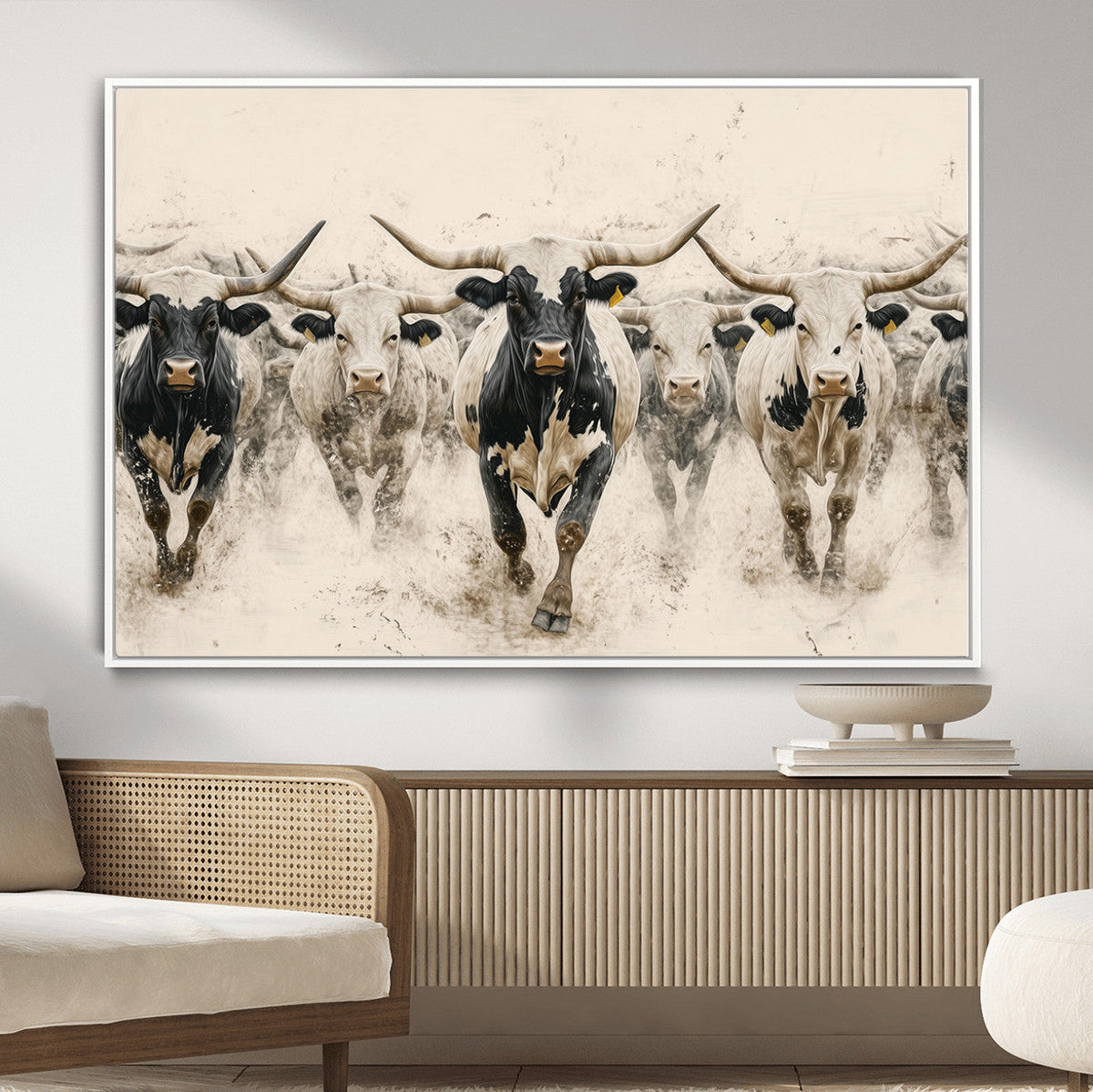 Texas Longhorn Wall Art | Framed Cattle Walking Canvas