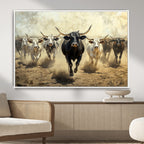 Texas Longhorn Wall Art | Framed Charging Cattle Canvas
