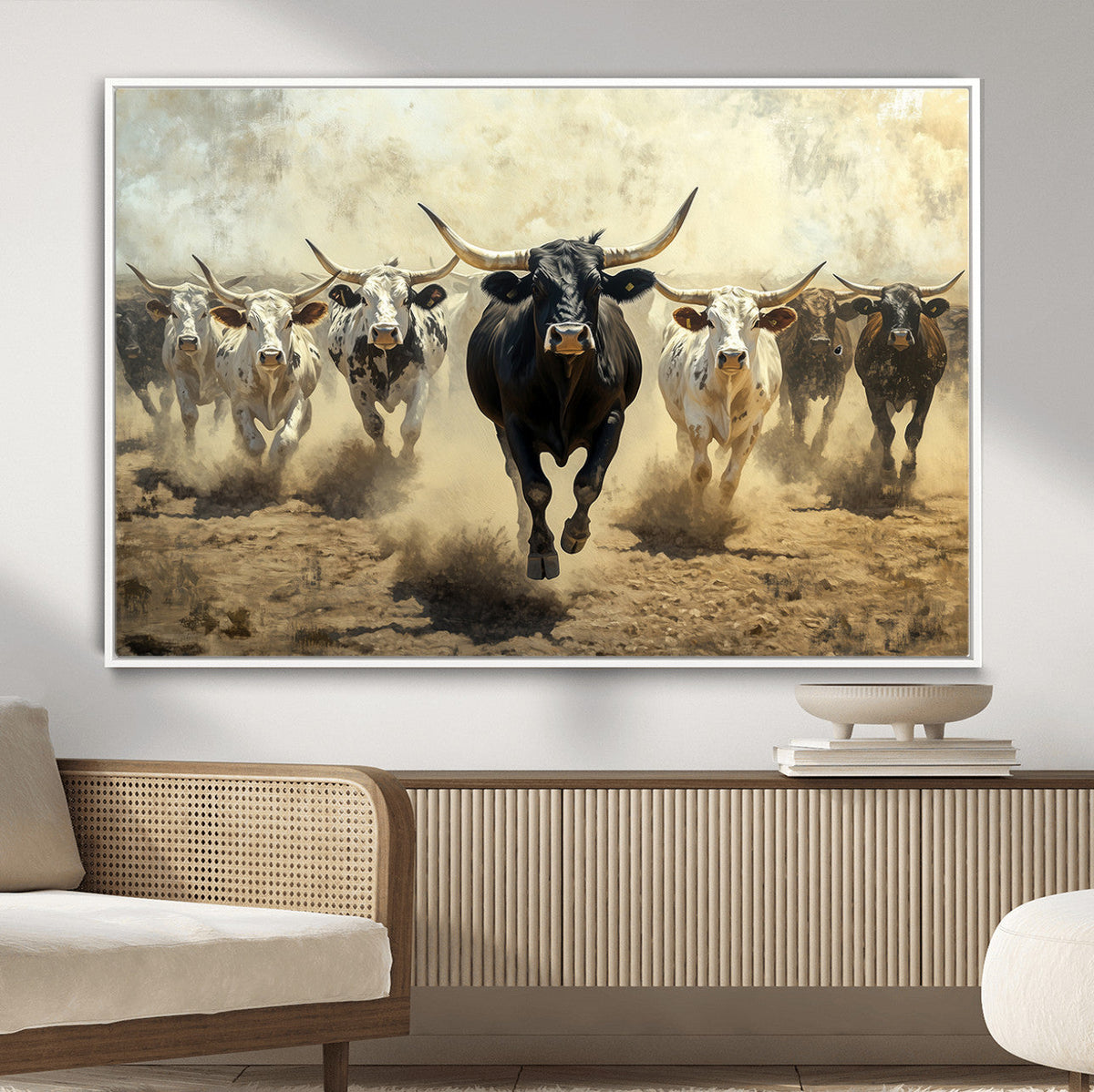 Texas Longhorn Wall Art | Framed Charging Cattle Canvas
