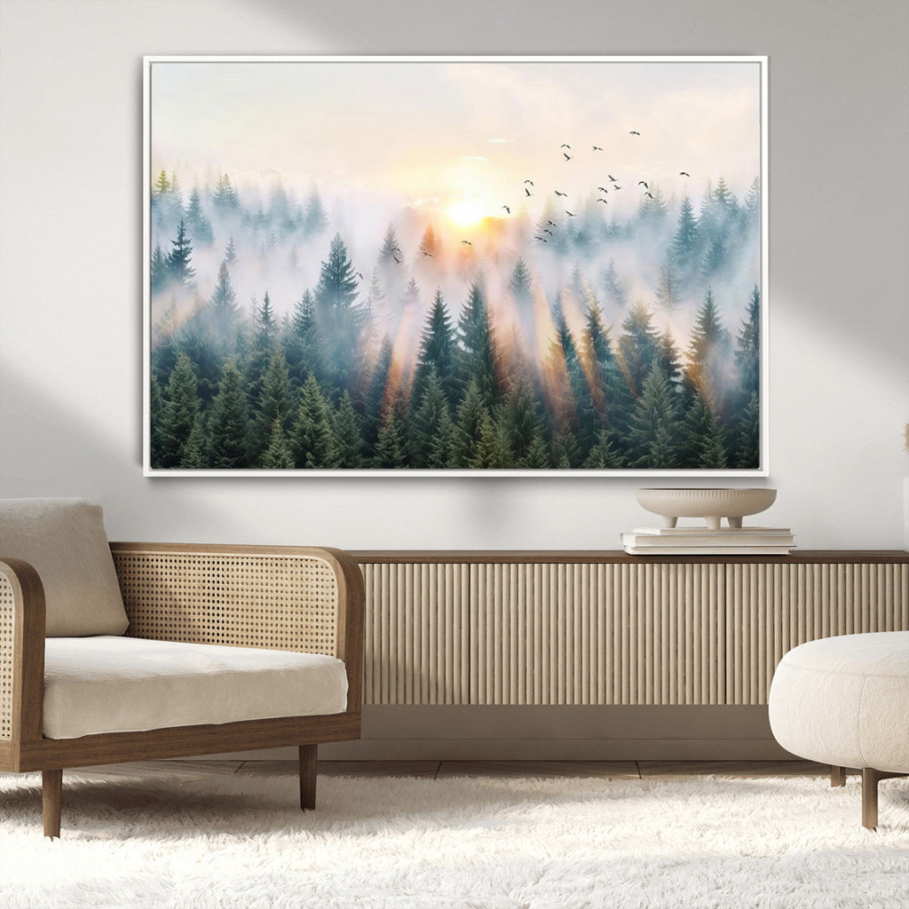 Misty Pine Forest Wall Art Canvas, Sunrise Over Foggy Trees