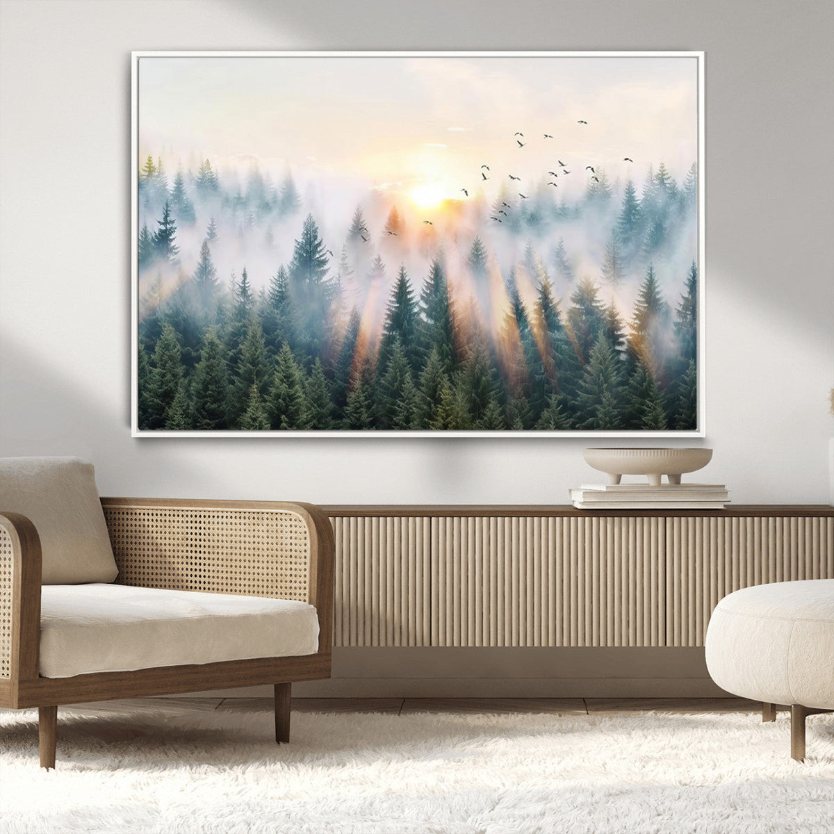 Misty Pine Forest Wall Art Canvas, Sunrise Over Foggy Trees