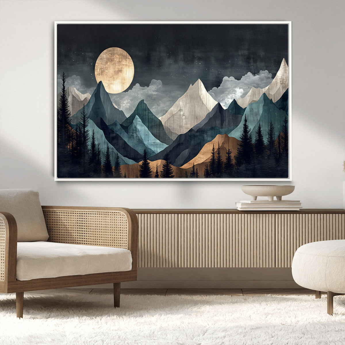 Moonlit Mountain Wall Art Canvas Print, Framed Silhouetted Pines Art, Layered Peaks Rustic Decor