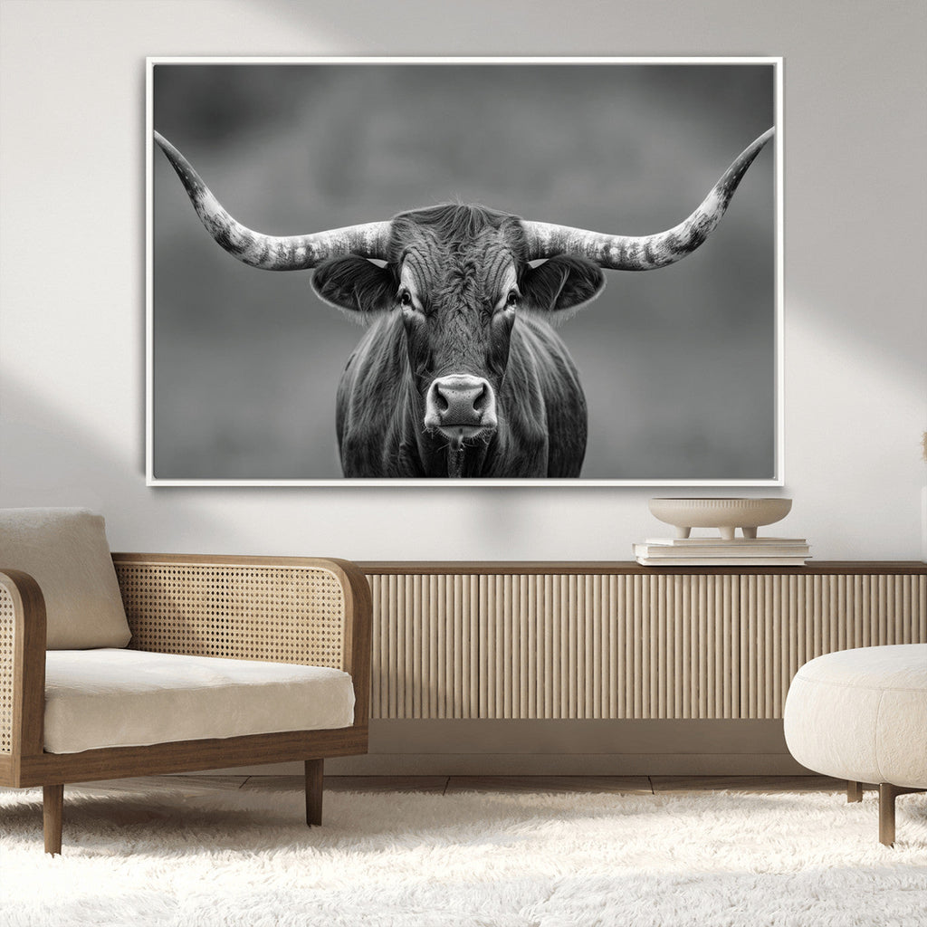 Texas Longhorn Wall Art Canvas Print, Framed Western Bull Photography, Rustic Log Cabin Decor
