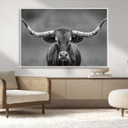Texas Longhorn Wall Art Canvas Print, Framed Western Bull Photography, Rustic Log Cabin Decor