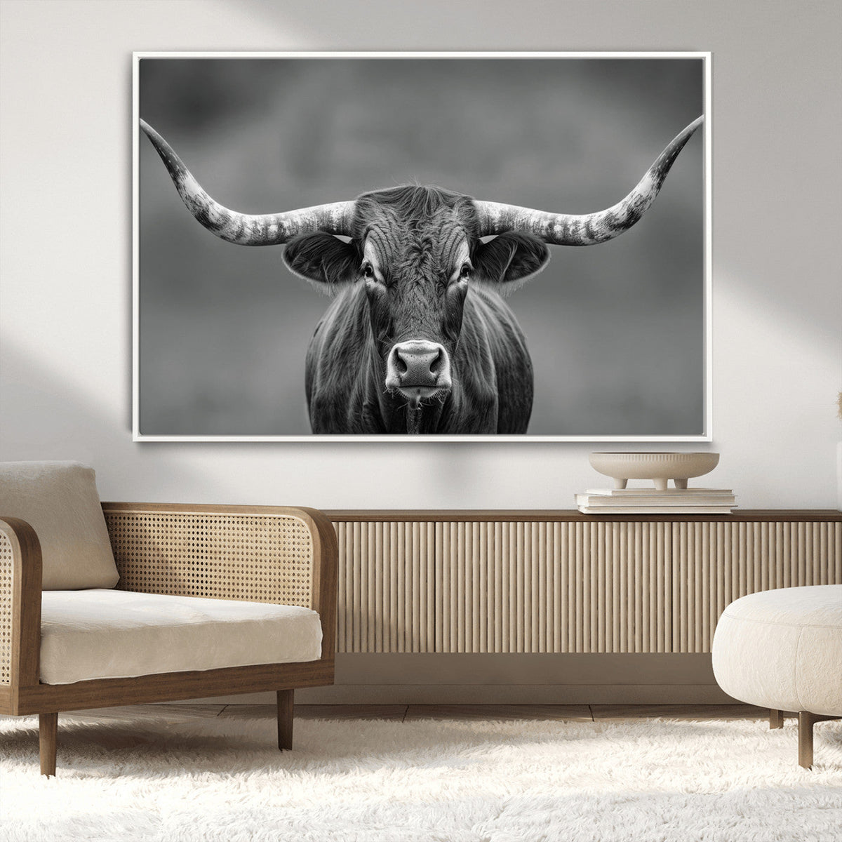 Texas Longhorn Wall Art Canvas Print, Framed Western Bull Photography, Rustic Log Cabin Decor