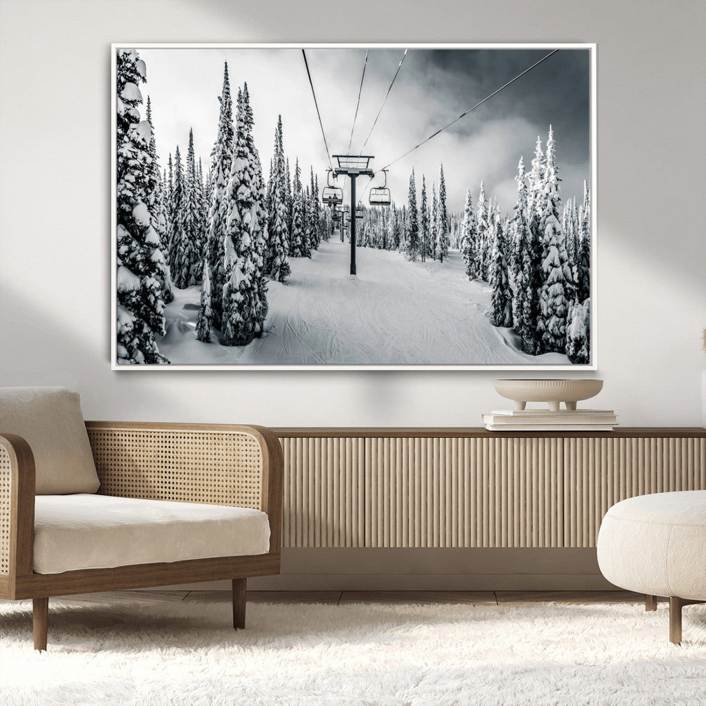 Snowy Pines Wall Art Canvas Print | Ski Lift in a Winter Forest