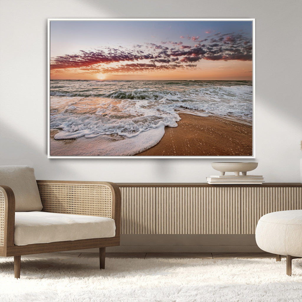Ocean Sunset Wall Art Canvas Print | Sandy Shore and Gentle Waves