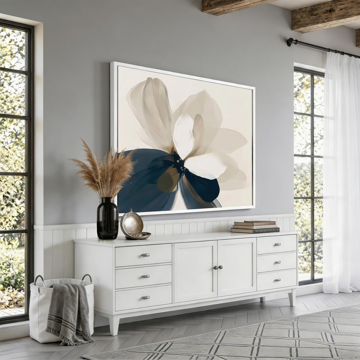 Minimal Flower Wall Art Canvas Print | Framed Beige and Navy Bloom