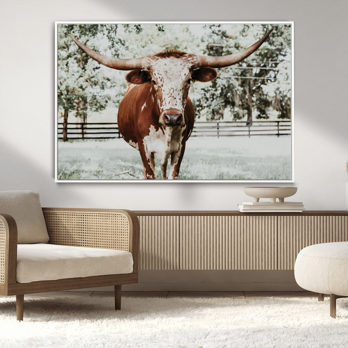 Texas Longhorn Wall Art Canvas Print | Framed Spotted Brown and White Bull