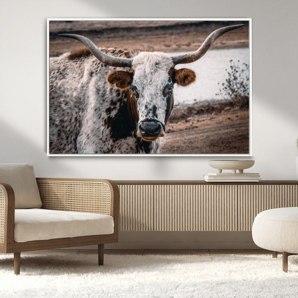 Texas Longhorn Wall Art Canvas Print | Framed Brown and White Spotted Longhorn