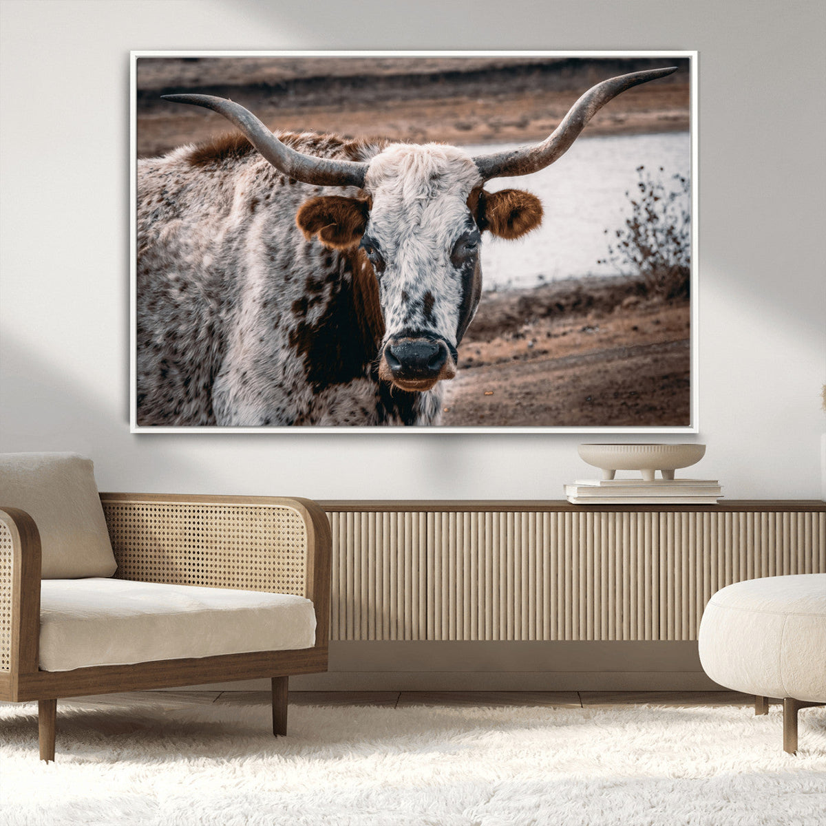 Texas Longhorn Wall Art Canvas Print | Framed Brown and White Spotted Longhorn