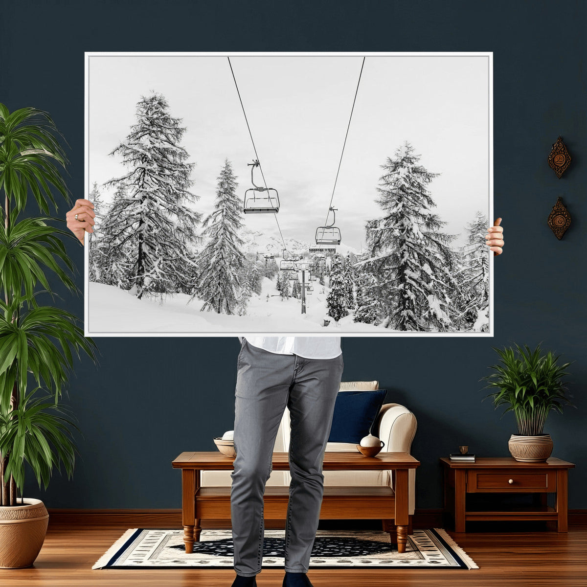 Snowy Ski Lift Wall Art | Framed Winter Forest Canvas
