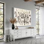 Running Horses Wall Art Canvas Print, Framed Galloping Herd Monochrome Sketch Art