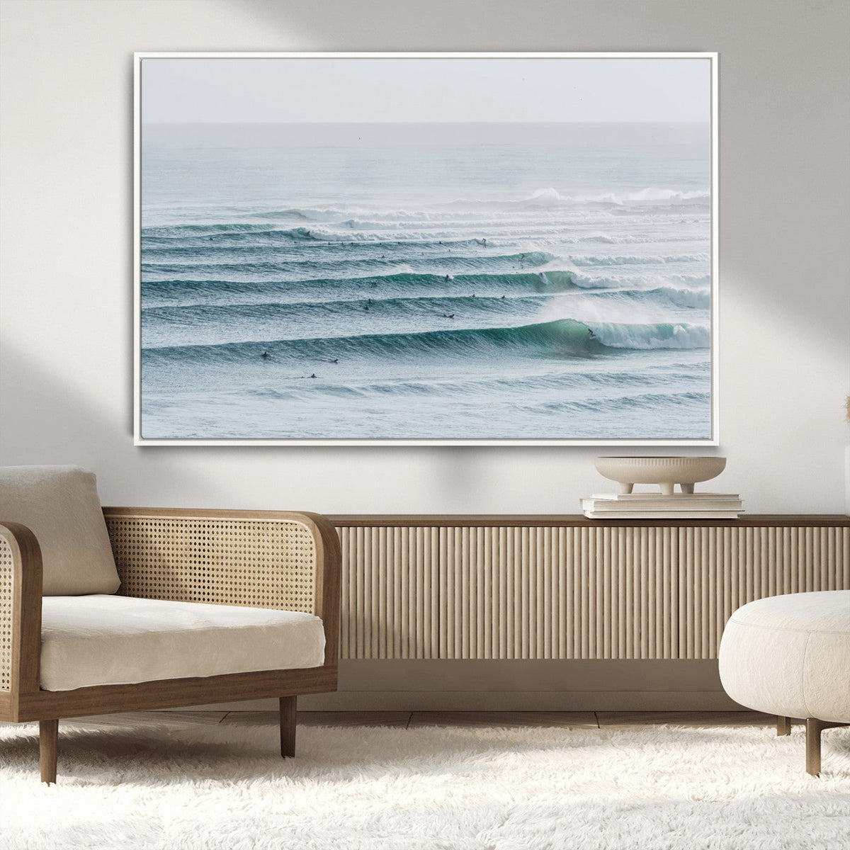 Ocean Waves Wall Art Canvas Print, Framed Surfer Lineup on a Crowded Ocean