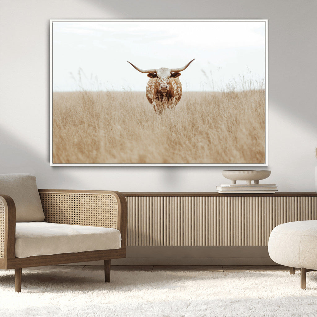 Texas Longhorn Wall Art Canvas Print, Framed Lone Cattle and Longhorn Bull Scene