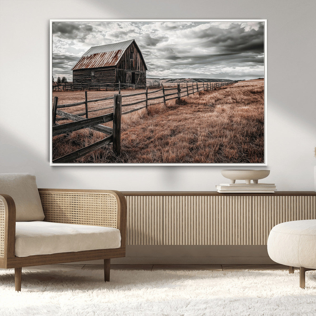 Rustic Barn Wall Art Canvas Print, Framed Moody Field Scene