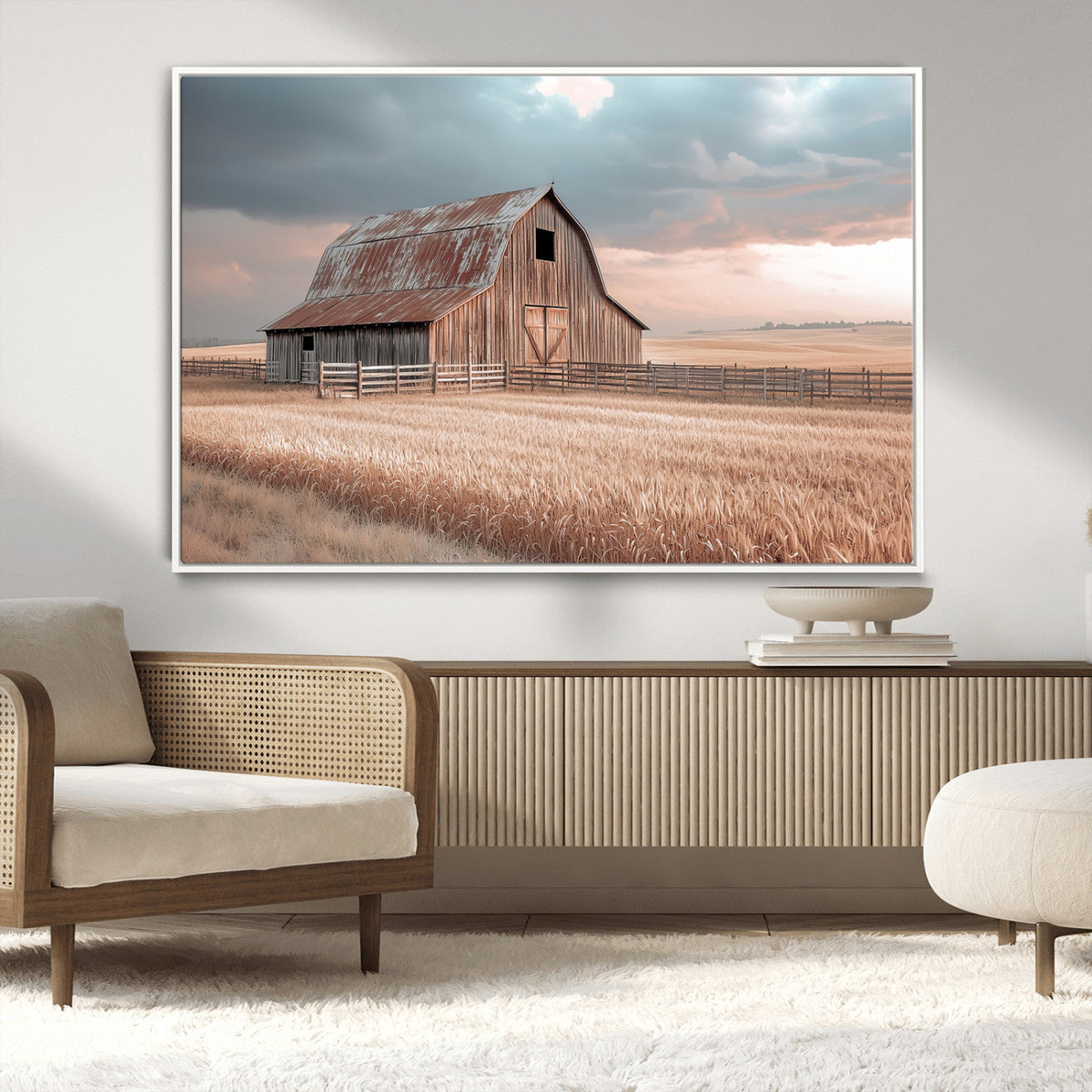 Rustic Barn Wall Art Canvas Print, Framed Wheat Field Scene