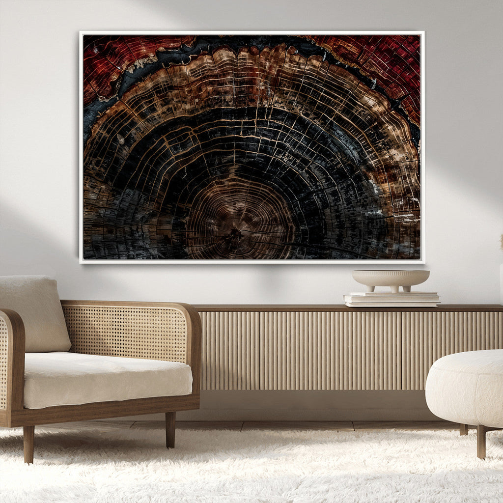 Dark Wood Ring Wall Art Canvas Print, Framed Abstract Tree Slice Print, Rustic Wood Grain Decor