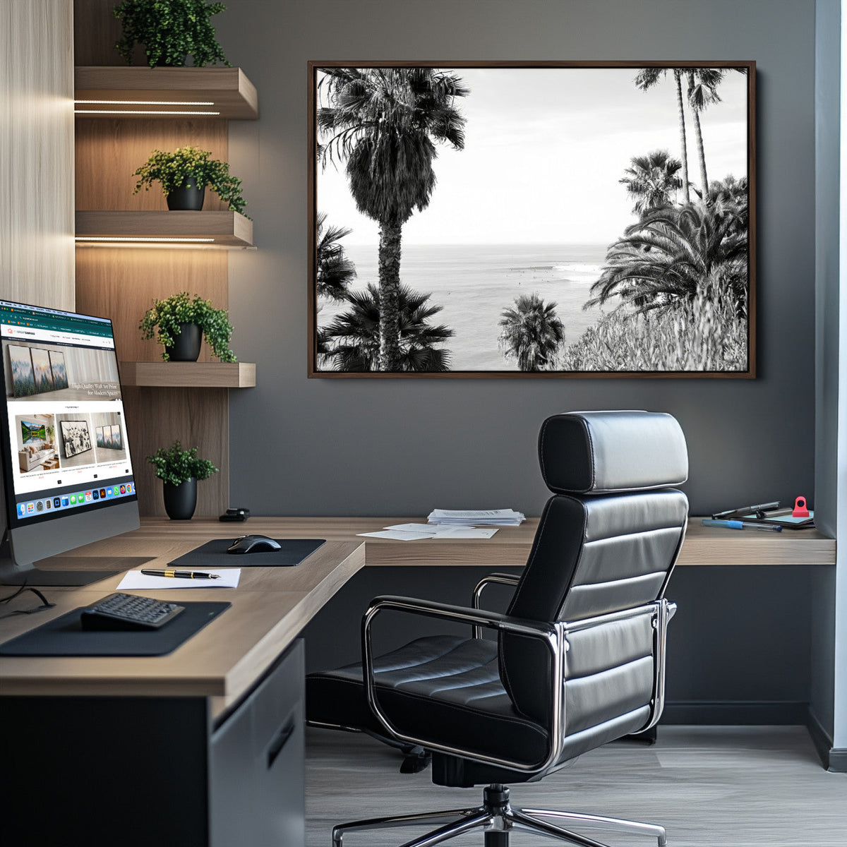 Palm Trees Wall Art Canvas Print, Framed Coastal Ocean Horizon Monochrome Art