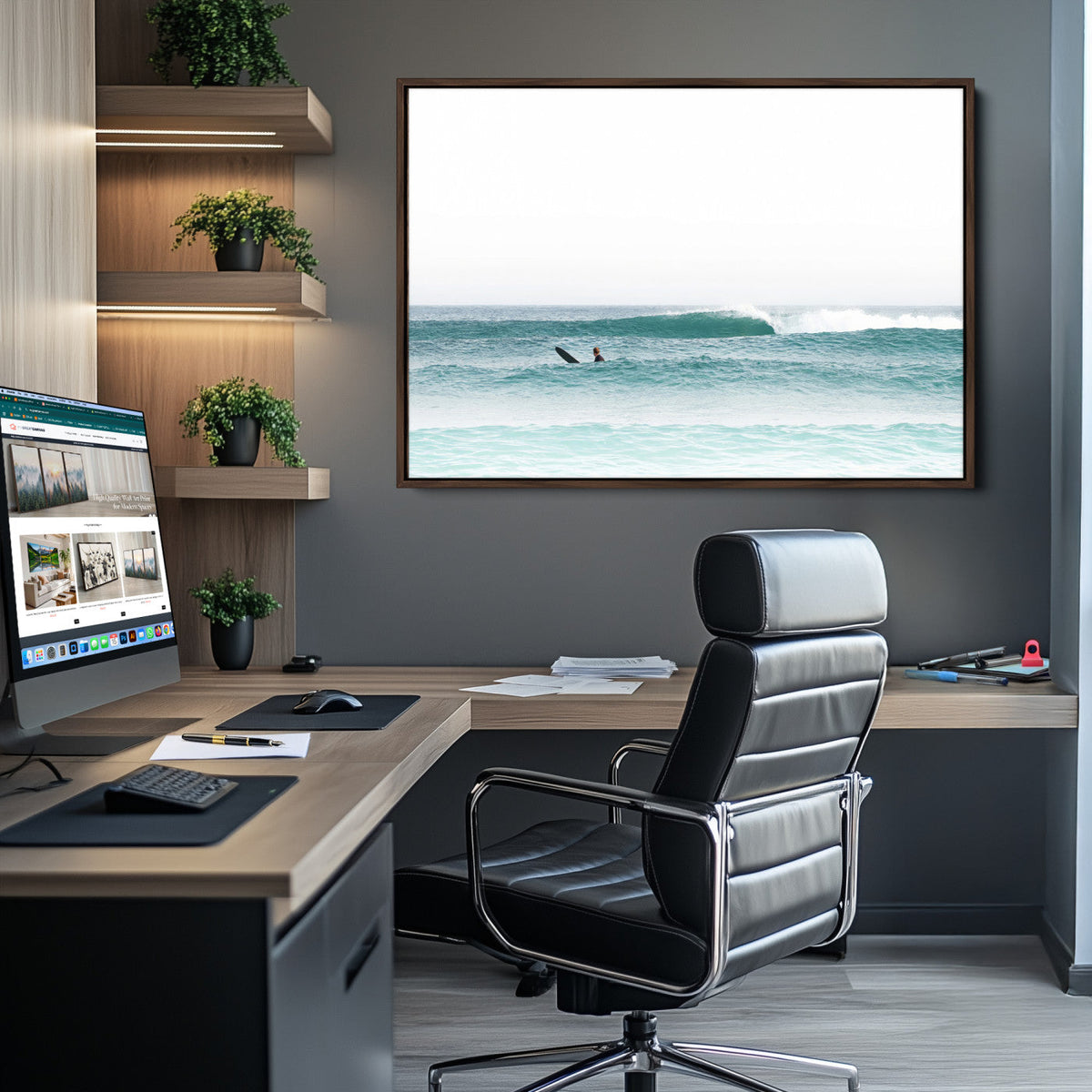 Surfing Wall Art Canvas Print, Framed Minimalist Ocean Waves Beach Art