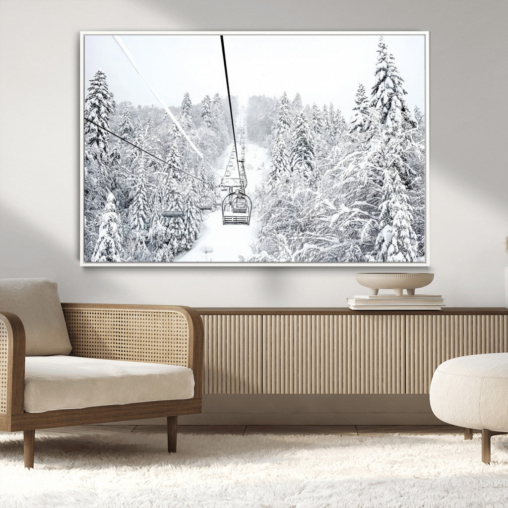 Snowy Ski Lift Wall Art | Framed Winter Mountain Canvas
