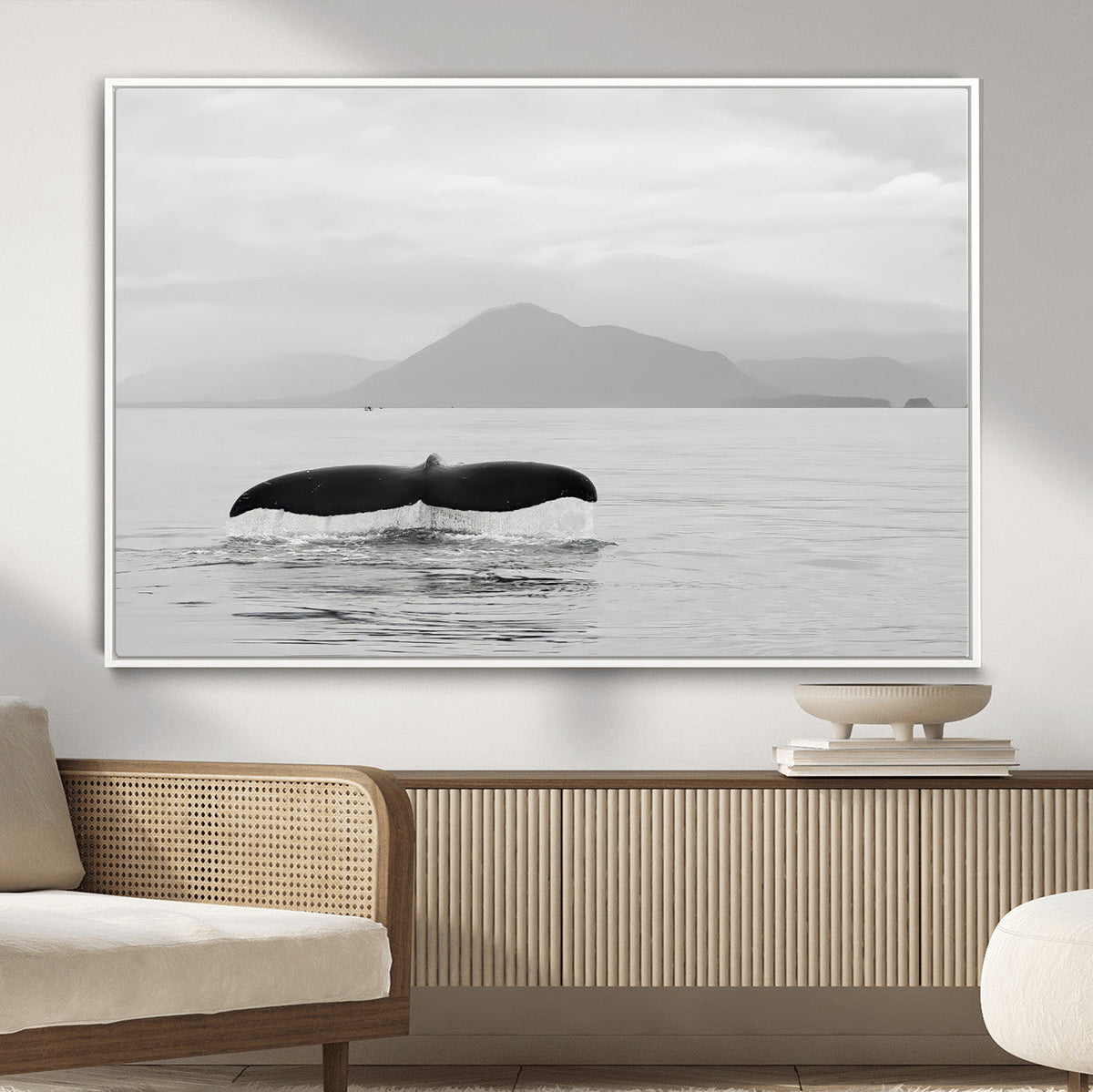 Whale Tail Wall Art | Framed Black White Ocean Canvas