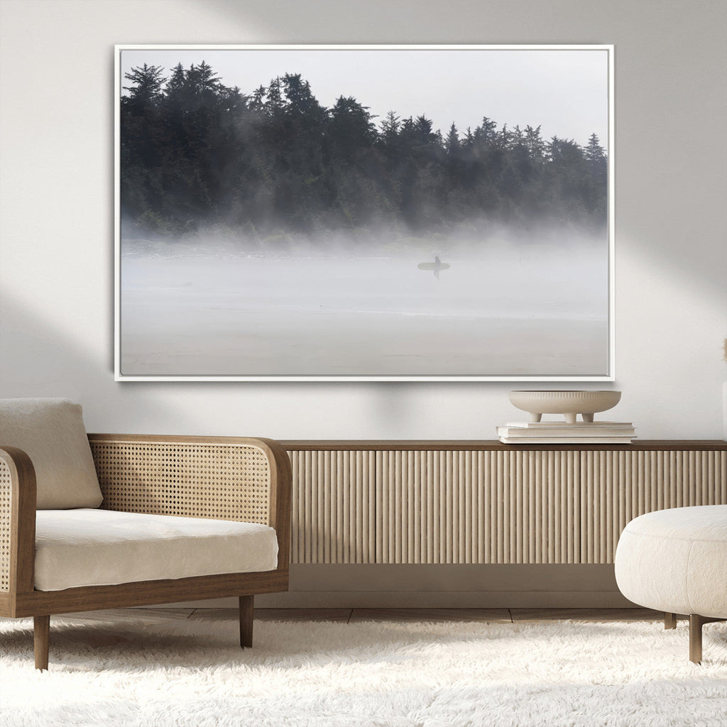 Surfer Fog Wall Art Canvas Print, Framed Foggy Beach and Coastal Surf Scene