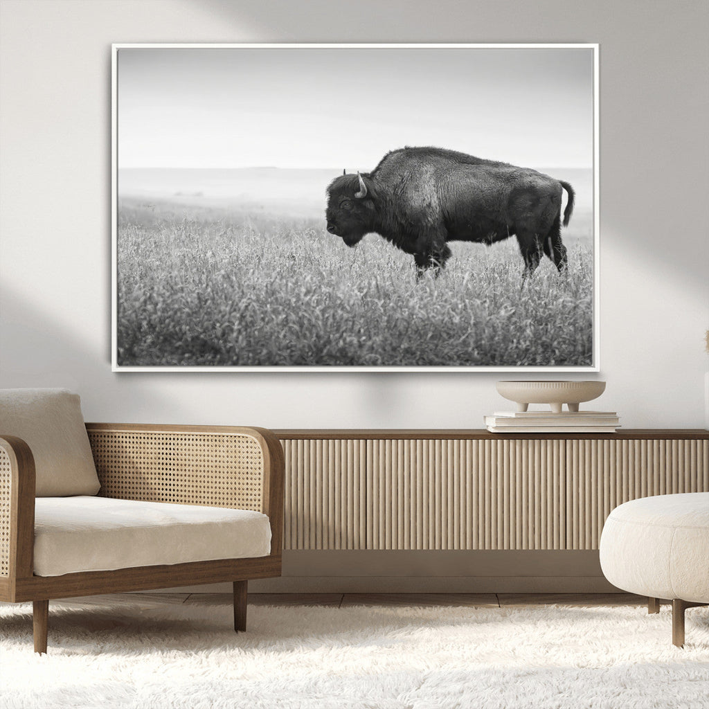 Bison Wall Art Canvas Print, Framed Rustic Wildlife Scene with Wild Buffalo